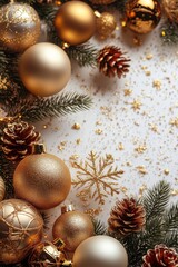 Wall Mural - Golden holiday decorations with pine cones and festive elements arranged on a light background for winter celebrations and celebrations of joy