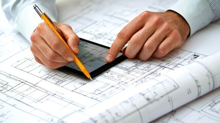 Poster - Hands Holding a Tablet While Working on Architectural Blueprints and Plans for Construction Projects and Designs in a Professional Environment