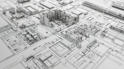 Poster - Detailed Architectural Blueprint of City Landscape Showing Complex Structures and Urban Planning Elements in a Monochromatic Design for Urban Development Projects