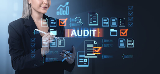 Poster - Businesswoman conducting audit with digital document icons on futuristic interface.