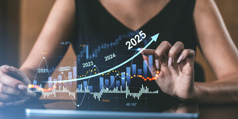 Poster - Hands analyzing a 2025 financial growth chart with market trends on screen.