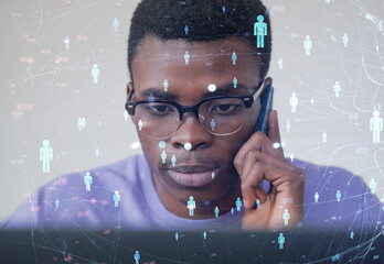 Poster - Man on phone with digital network overlay.