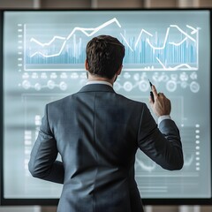 Poster - A professional analyzing data on a digital screen, showcasing graphs and statistics. The focused individual represents modern business analysis and strategic decision-making.