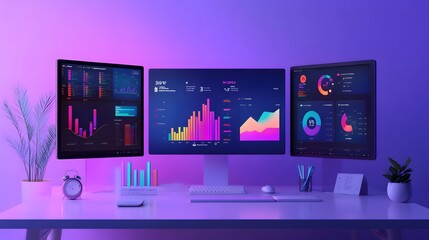 Fototapete - Modern workspace with three digital screens.