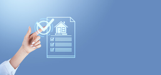 Poster - Hand interacting with a virtual checklist and house icon on a blue background.
