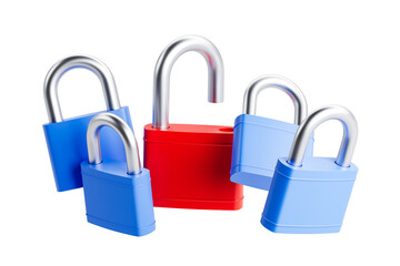 Poster - Brightly colored padlocks in red and blue with open and closed designs on a white background. 3D Rendering