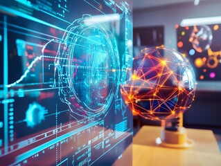 Poster - a close-up of futuristic digital interfaces featuring data visualization, holographic elements, and 