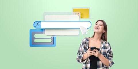 Poster - Optimistic woman holding smartphone with search engine interface