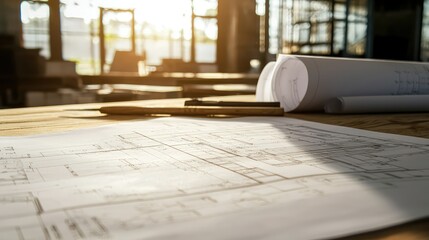 Poster - Architectural Design Plans on a Wooden Desk in a Brightly Lit Studio with Construction Drawings and Tools Reflecting Creative Workspace Environment