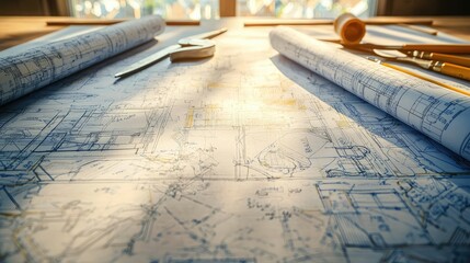Poster - Detailed Architectural Blueprints with Instruments on Wooden Table in Soft Natural Light, Showing Design Elements and Technical Drawings for Construction Projects