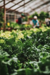 Canvas Print - Vibrant green lettuce thriving in a greenhouse during a sunny afternoon