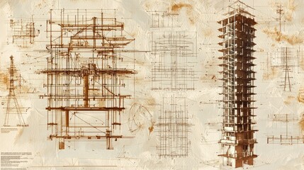 Poster - Detailed Architectural Blueprint of a Modern Building with Plan and Elevation Views on an Aged Paper Background Featuring Technical Drawings and Diagrams