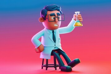 Poster - A 3D cartoon scientist sits on a stool holding a flask with a curious expression.