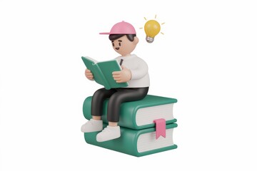 Poster - A 3D cartoon character sits on books  reading and having an idea.