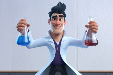 Poster - A cartoon scientist holds two beakers with different colored liquids  smiling proudly.