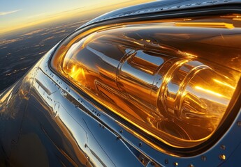 Poster - Close-Up of Airplane Wing Edge with Engine Reflection Showcasing Beautiful Sunset Colors in Background Capturing the Essence of Aviation and Modern Engineering