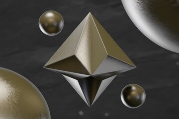 Poster - A metallic pyramid with a textured surface floats against a dark background surrounded by spheres.