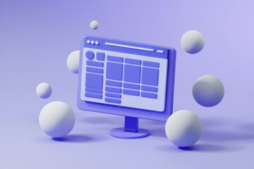 Poster - 3D render of a blue computer monitor with white spheres around it on a purple background.