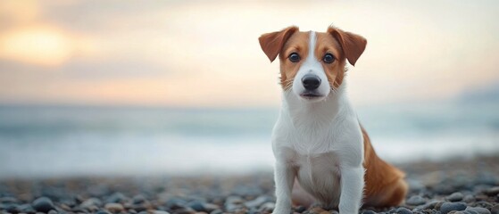 Canvas Print - Cute dog sitting on a beach at sunset, surrounded by pebbles and gentle waves