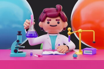 Poster - A 3D cartoon scientist working in a laboratory.