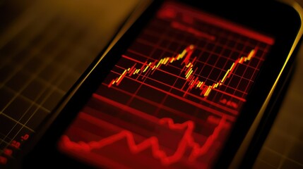 Poster - Close-Up View of a Smartphone Screen Displaying an Intricate Financial Chart with Bold Red and Yellow Lines Representing Market Trends and Fluctuations