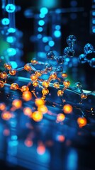 Poster - Abstract Visualization of Molecular Structures with Colorful Orbs and Reflections in a Scientific Environment Highlighting Chemistry and Innovation