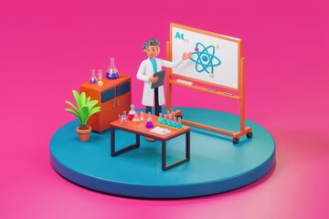 Poster - A cartoon scientist explaining the structure of an atom on a whiteboard.
