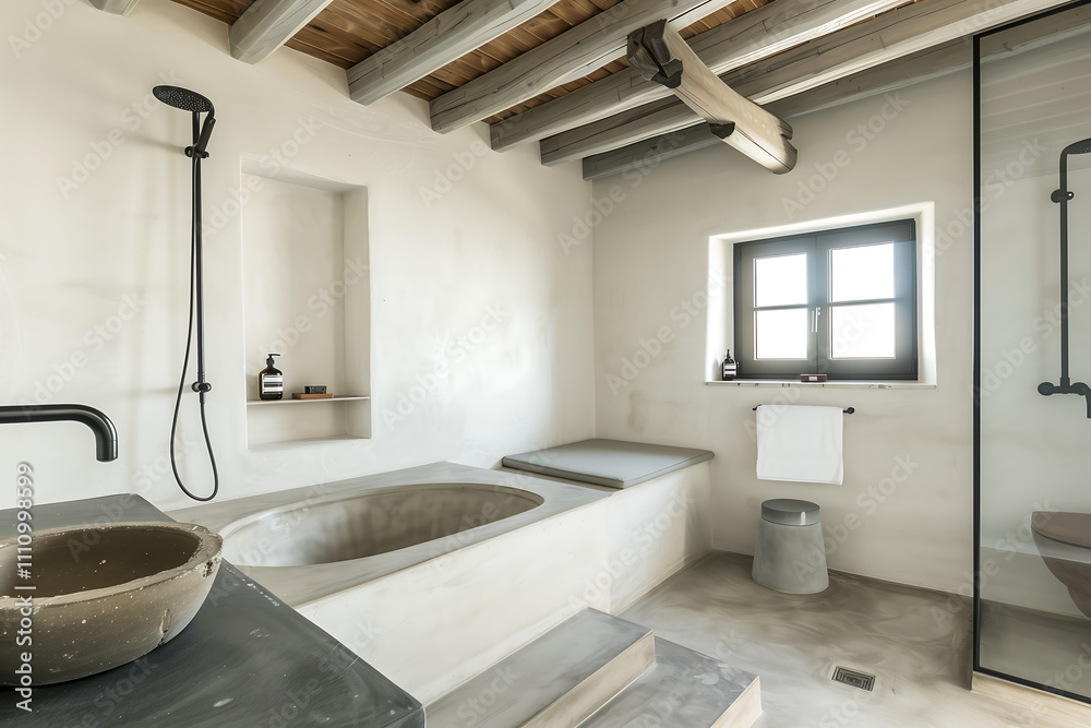 Fresh Look at Rustic Bathroom Featuring A Concrete Bathtub Exposed Wooden Beams And