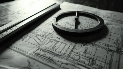 Poster - Vintage Drafting Tools on Architectural Blueprints Showcasing Precision and Design in Historical Engineering Projects