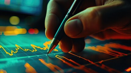 Poster - Close-Up Image of Hand Holding Pen While Analyzing Financial Data on a Digital Screen with Vibrant Graphs and Charts in a Darkened Environment