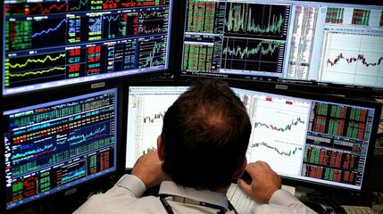 Poster - Stock Market Trading Environment with Multiple Monitors Displaying Real-Time Financial Data and Charts Analyzed by a Trader in a Professional Setting