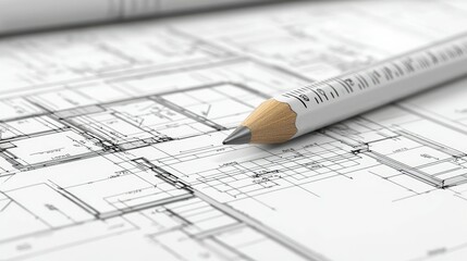 Poster - Detailed Architectural Blueprint and Pencil on Desk, Showing Precise Measurements and Lines for Construction Planning and Design Projects in a Professional Environment
