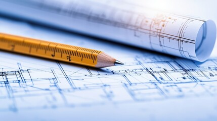 Poster - Detailed Architectural Blueprint with Ruler and Pencil on Drafting Paper Illustrating Construction Plans for an Engineering Project in Professional Environment