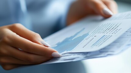 Poster - Close-Up of Hands Holding Business Report with Graphs and Charts, Analyzing Financial Data for Strategic Decision Making in a Modern Office Environment