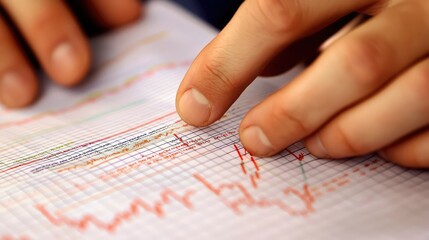 Poster - Close-up of a person analyzing financial data on a graph with focus on fingers pointing to a chart showing trends and fluctuations in investment performance