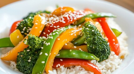 Wall Mural - Photo of, A plate of colorful vegetable stir-fry featuring bell peppers, broccoli