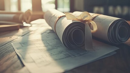 Poster - Vintage Architectural Blueprints on Wooden Table with Soft Natural Light, Featuring Rolled Plans Tied with Ribbon, Perfect for Design and Planning Projects