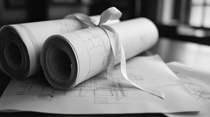 Poster - Architectural blueprints rolled up with ribbon, showcasing detailed plans for construction and design in a monochrome aesthetic, creating an elegant workspace atmosphere.