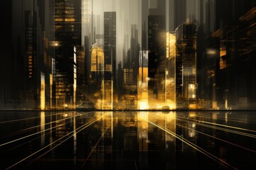 Poster - Abstract cityscape showcasing geometric building shapes with dark lighting for a modern flair