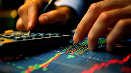 Poster - Hands Analyzing Financial Data on a Stock Market Chart with a Calculator and a Pen, Representing Investment Strategies and Economic Insights