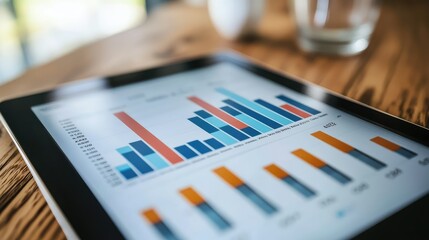 Poster - Professional Analysis of Business Performance Metrics Displayed on Tablet with Modern Graphs and Charts in a Stylish Work Environment