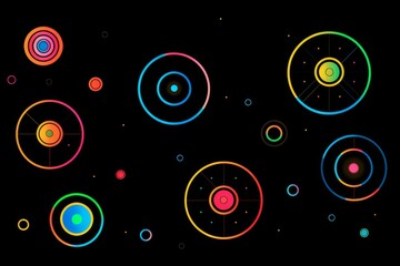 Poster - Colorful geometric shapes  circles, triangles, and squares on a bold black background