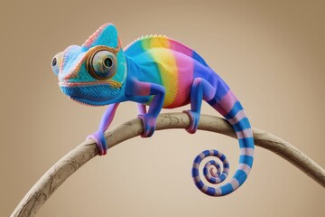 Poster - Colorful chameleon displaying intricate patterns on branch with spiral tail.
