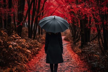 Poster - Minimalistic portrait of a girl with umbrella  rich colors against a soft gradient background