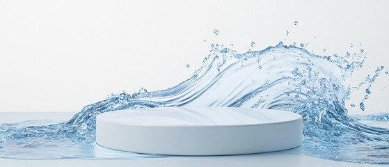 Poster - Water splashing around a circular object creating dynamic movement and serene atmosphere in a minimalistic environment