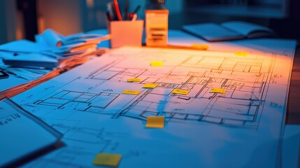 Poster - Detailed Architectural Blueprint Featuring Construction Drawings and Colorful Sticky Notes on a Wooden Desk with Soft Ambient Lighting in a Creative Office Space