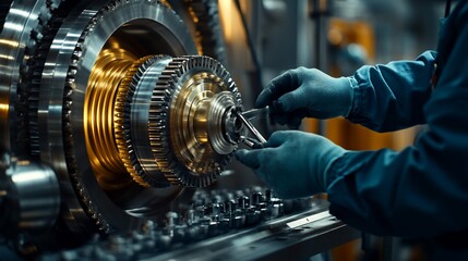 Poster - Close-up of gloved hands adjusting complex machinery gears.