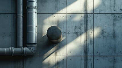 Poster - Industrial concrete wall with pipes and cylindrical object, sunlit.