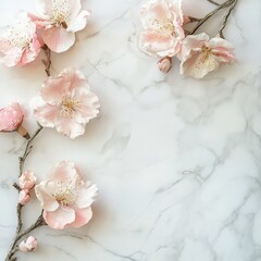 Canvas Print - Delicate pale pink blossoms arranged elegantly on a marble surface in natural light