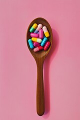 Wall Mural - Colorful sprinkles arranged on a wooden spoon with a pastel pink background for a sweet treat